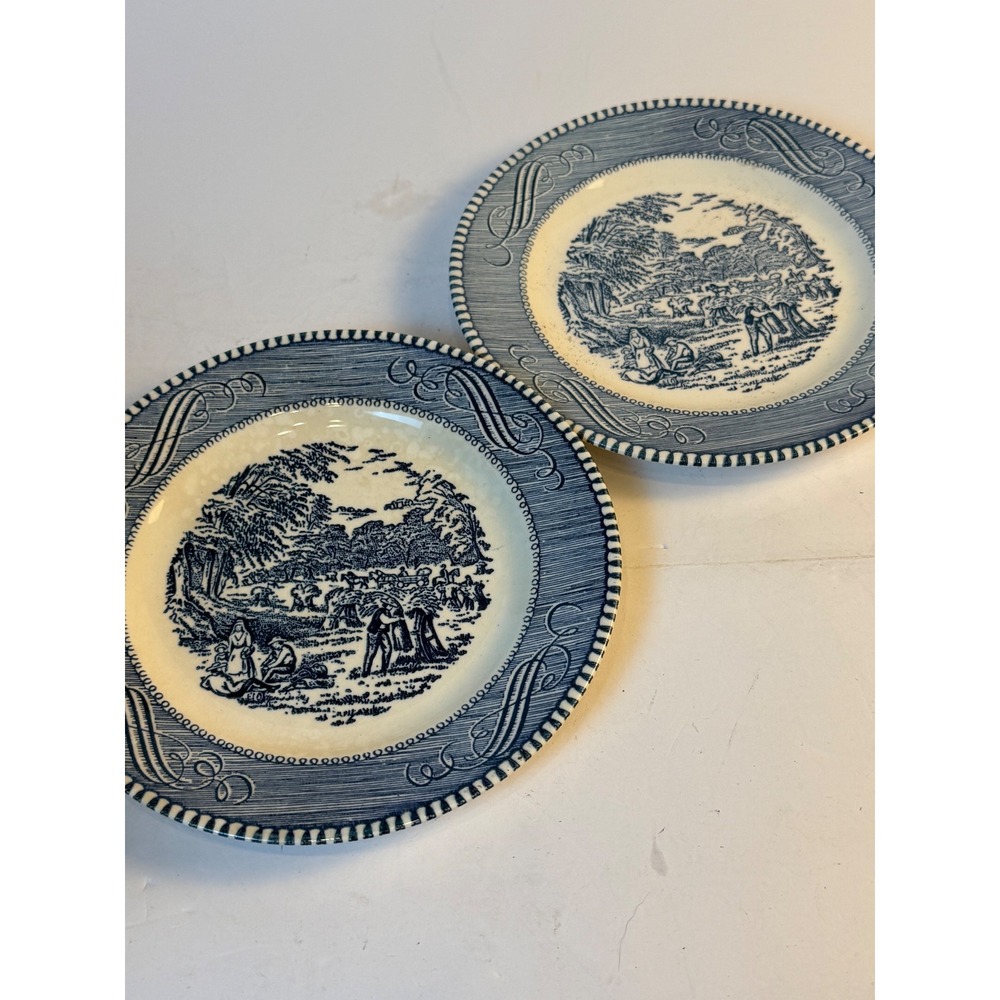 Vintage Royal Currier & Ives Harvest Blue White Bread Plates Set of 2